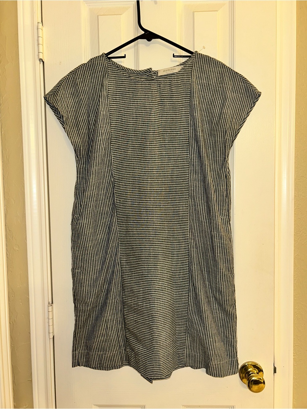 NWOT Mododoc Navy Stripe Shift Mini Dress Button Back size Extra Small